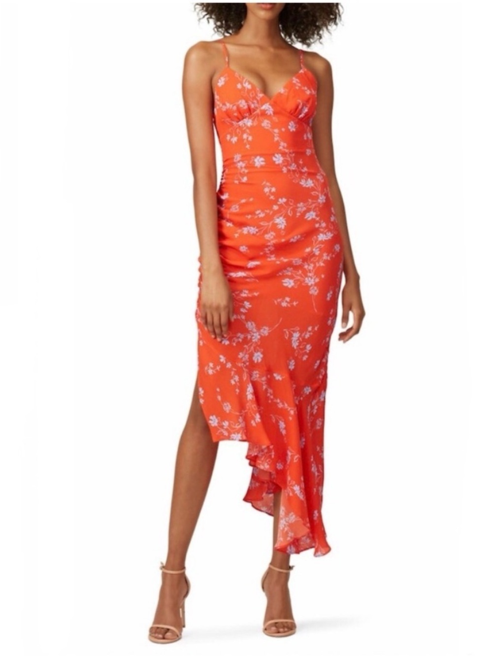 Nicholas Triangle Top Silk Slip Dress US 14 Orange Floral Asymmetrical Midi